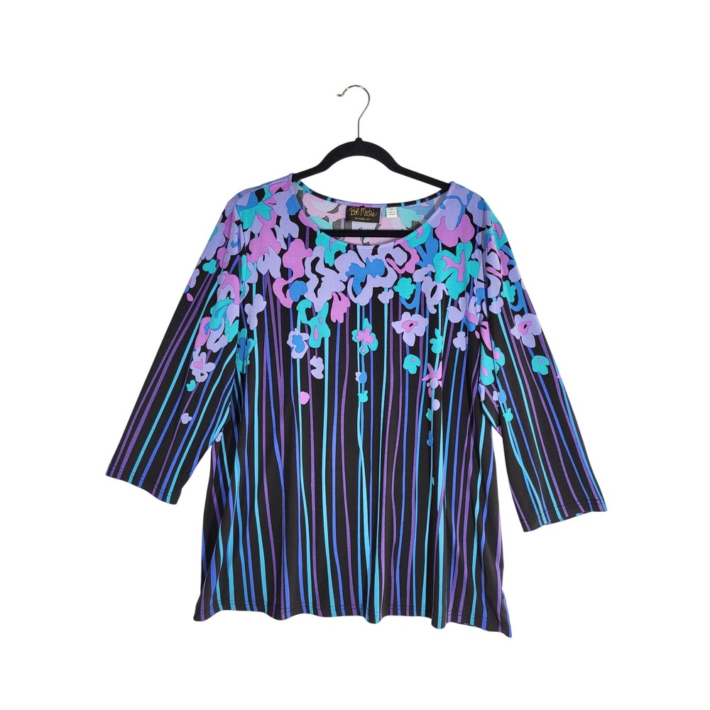 Bob Mackie Floral Stripe Tunic Top 1X Navy Lavender 3/4 Sleeve Scoop Neck Slinky